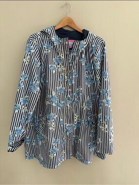 Draper James Navy and White Striped Floral Hooded Trench Coat